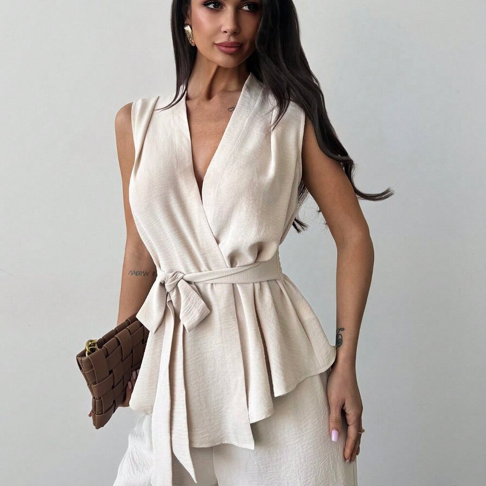 Apricot Elegant Casual Womens Loose V Neck Sleeveless top & Straight Leg Pants - Picture 5 of 7
